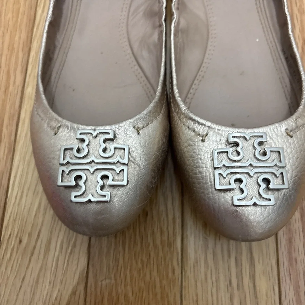 ⭐Tory Burch Minnie Travel Ballet Logo Flat‎ Gold Size 7.5